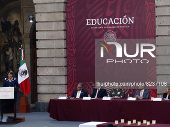 Public Education Minister Delfina Gómez, speaks during Mexico's Teacher's Day ceremony at the headquarters of the Ministry of Public Educati...