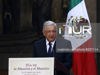 Mexico’s President Andres Manuel Lopez Obrador, speaks during Mexico's Teacher's Day ceremony at the headquarters of the Ministry of Public...