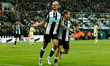 Burno Guimaraes of Newcastle United celebrates after scoring their sides second goal durin...