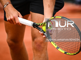 Illustration of a tennis racket with a ball during the Qualifying Day one of Roland-Garros 2022, French Open 2022, Grand Slam tennis tournam...