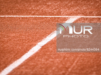 Illustration of a line on a tennis court during the Qualifying Day one of Roland-Garros 2022, French Open 2022, Grand Slam tennis tournament...