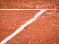 Illustration of a line on a tennis court during the Qualifying Day one of Roland-Garros 2022, French Open 2022, Grand Slam tennis tournament...