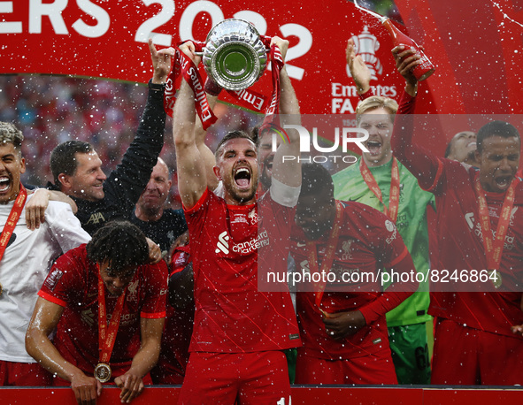 LI14 lift Trophyduring FA Cup Final between Chelsea and Liverpool at Wembley Stadium , London, UK 14th May , 2022
 