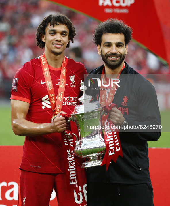 L-R Liverpool's Trent Alexander-Amold and Liverpool's Mohamed Salah with the FA Cup after their sides 6-5 penalty shoot-out after a 0-0 draw...