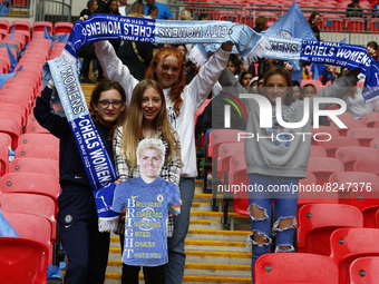 Fans of Chelsea hold up a cardbord cut out of Chelsea Women Millie Bright  before Women's FA Cup Final between Chelsea Women and Manchester...