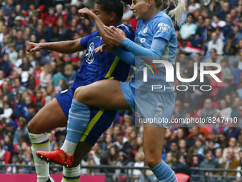 LONDON, ENGLAND - MAY 15:L-R Manchester City Fansand Alex Greenwood of Manchester City WFC during Women's FA Cup Final between Chelsea Women...