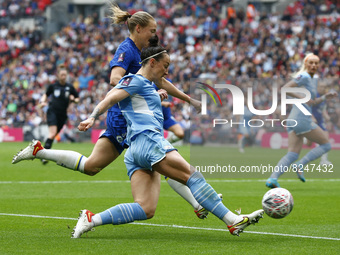 LONDON, ENGLAND - MAY 15:L-R Lucy Bronze of Manchester City WFC  takes on Chelsea Women Magdalena Eriksson during Women's FA Cup Final betwe...