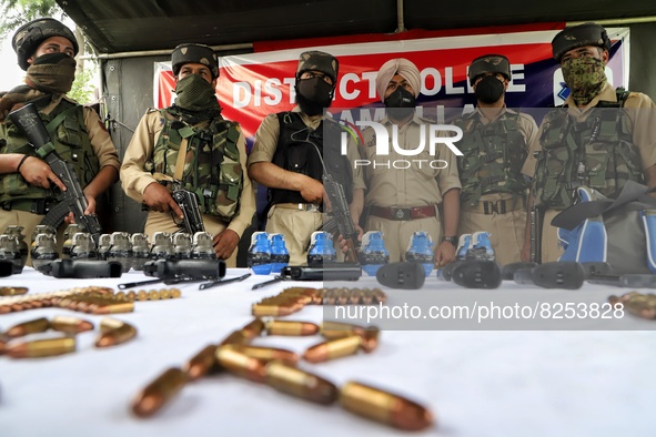 Arms and ammunition recovered from militants in Baramulla. Jammu and Kashmir police arrested 4 Militants and 1 associate day after militants...