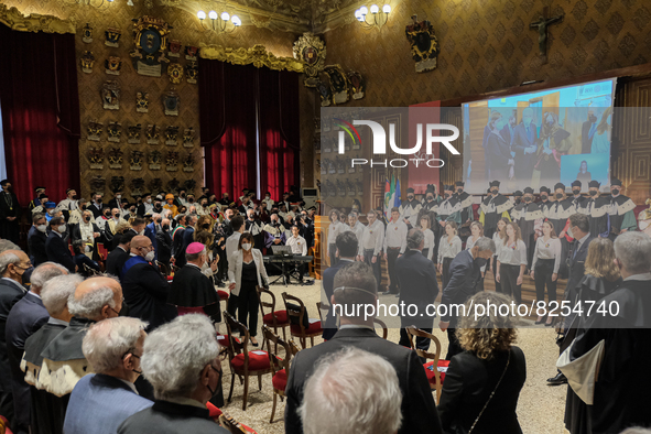 a moment of the ceremony  during the ceremony for the 800th anniversary of the University of Padua, in Padua, Italy, on May 19, 2022. 