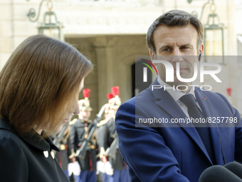France's President Emmanuel Macron listens the speech of  Moldova's President Maia Sandu at the presidential Elysee Palace in Paris - May 19...