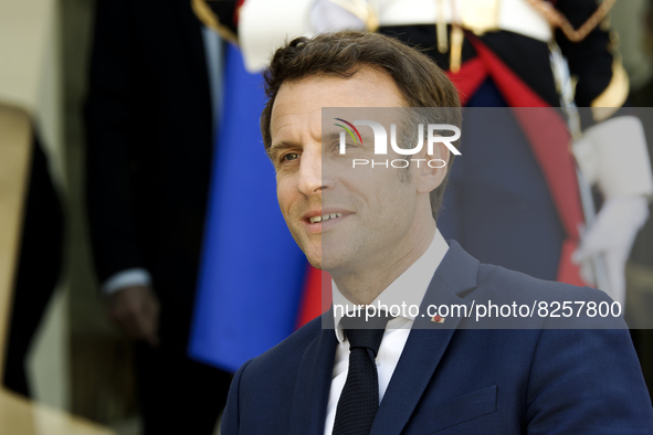 France's President Emmanuel Macron listens the speech of  Moldova's President Maia Sandu at the presidential Elysee Palace in Paris - May 19...