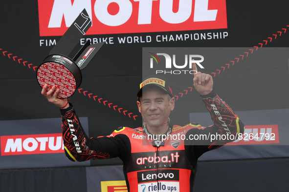 Spanish Alvaro Bautista of Aruba.It Racing - Ducati celebrates with the trophy after winning the Race 1 of the FIM Superbike World Champions...