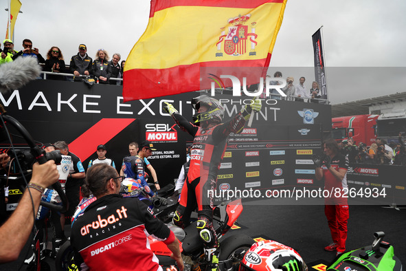 Spanish Alvaro Bautista of Aruba.It Racing - Ducati celebrates after winning the Race 1 of the FIM Superbike World Championship Estoril Roun...