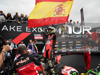 Spanish Alvaro Bautista of Aruba.It Racing - Ducati celebrates after winning the Race 1 of the FIM Superbike World Championship Estoril Roun...