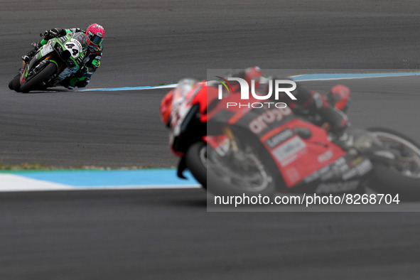 French Lucas Mahias of Kawasaki Puccetti Racing competes during the Race 1 of the FIM Superbike World Championship Estoril Round at the Circ...
