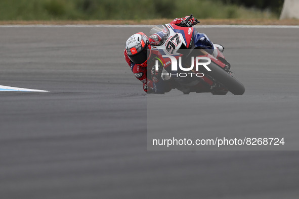 Spanish Xavi Vierge of Team HRC competes during the Race 1 of the FIM Superbike World Championship Estoril Round at the Circuito Estoril in...
