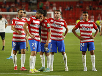 Players of GranadaCF react after they descend to second division during the La Liga match between Granada CF and RCD Espanyol at Nuevo Los C...
