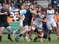Newcastle Falcon's Adam Brocklebank  tackles Leicester Tiger's Jasper Wiese  during the Gallagher Premiership match between Newcastle Falcon...