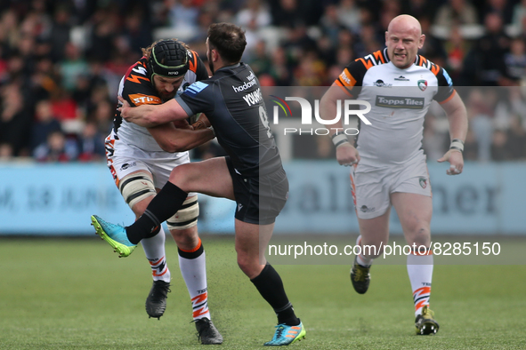  Leicester Tiger's Harry Wells is tackled by Newcastle Falcon's Michael Young  during the Gallagher Premiership match between Newcastle Falc...