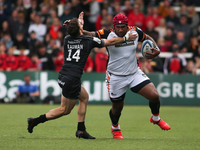  Leicester Tiger's Nemani Nadolo hands off Newcastle Falcon's Adam Radwan  during the Gallagher Premiership match between Newcastle Falcons...