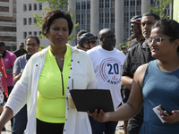 DC Mayor Muriel Bowser arrives to Bike to Work Day event, today on February 25, 2021 at HVC/Capitol Hill in Washington DC, USA. (