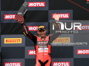Spanish Alvaro Bautista of Aruba.It Racing - Ducati poses with the second place trophy after the Race 2 of the FIM Superbike World Champions...