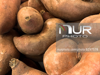 Sweet potatoes are seen in a supermarket in Krakow, Poland on May 24, 2022. (