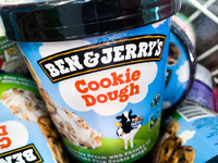 Ben&Jerry's ice cream packaging are seen in a supermarket in Krakow, Poland on May 24, 2022. (
