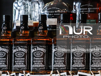 Jack Daniels whiskey bottles are seen in a bar in Krakow, Poland on May 25, 2022. (