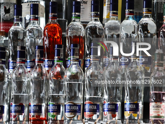 Finlandia vodka bottles are seen in a bar in Krakow, Poland on May 25, 2022. (