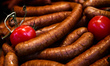 Sausages are seen on a stand in Krakow, Poland on May 25, 2022. 