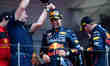 Sergio Perez of Red Bull Racing Honda celebrate after the race of Monaco Grand Prix in Mon...