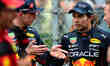 Sergio Perez of Red Bull Racing Honda  and Max Verstappen of Red Bull Racing Honda  celebr...