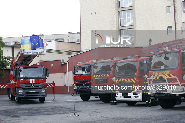 KYIV, UKRAINE - MAY 30, 2022 - Firefighting and other special vehicles handed over for the needs of the SES of Ukraine from the French Repub...