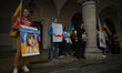 Members of the local Ukrainian diaspora, war refugges, peace activists, volunteers and loc...