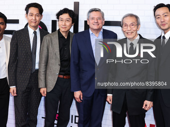 Anupam Tripathi, Lee Jung-jae, Hwang Dong-hyuk, Ted Sarandos, O Yeong-su (Oh Young-soo) and Park Hae-soo arrive at Netflix's 'Squid Game' Lo...