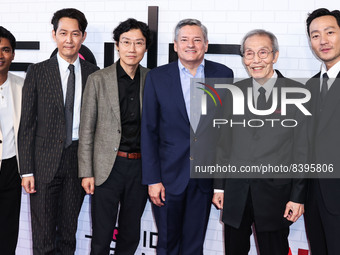 Anupam Tripathi, Lee Jung-jae, Hwang Dong-hyuk, Ted Sarandos, O Yeong-su (Oh Young-soo) and Park Hae-soo arrive at Netflix's 'Squid Game' Lo...