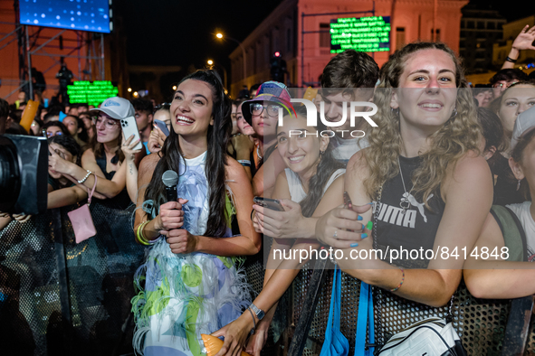 The public and fans during the first evening show of Battiti Live in Bari, on the Imperatore Augusto seafront on June 17, 2022 in Bari.
The...