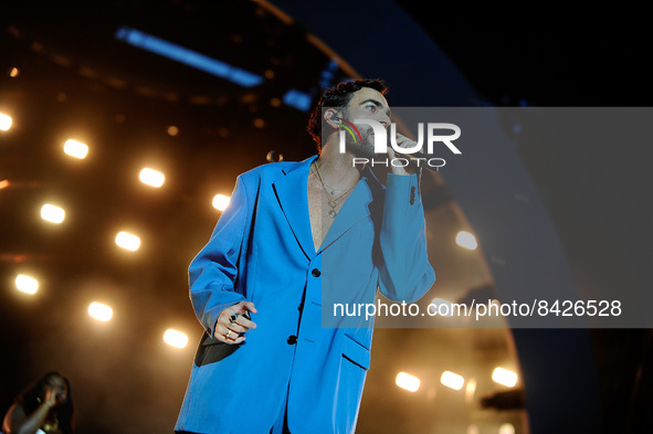 Marco Mengoni singing on the stage-milan san siro during the Italian singer Music Concert Marco Mengoni on June 19, 2022 at the San Siro sta...