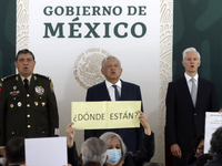 Elda Nevarez and Aicela Fernandez,  survivors of the  ''Dirty War''  protest front Mexican Presedent, Andres Manuel Lopez Obrador to demand...