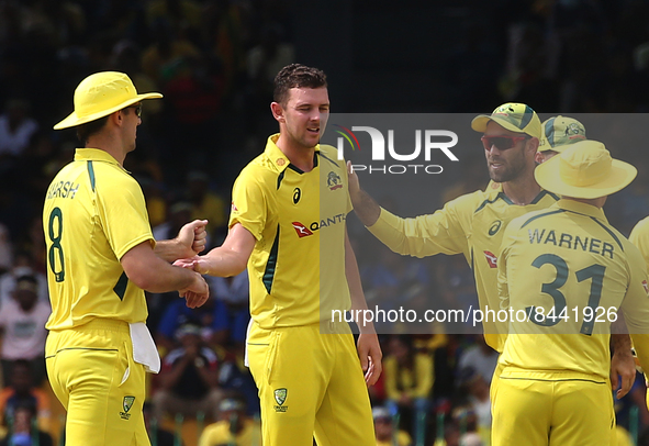 Australia celebrates after the wicket-taking of Srilanka's Danushka Gunathilaka during the 5th One Day International match between Sri Lanka...