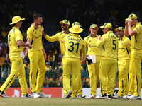 Australia celebrates after the wicket-taking of Srilanka's Danushka Gunathilaka during the 5th One Day International match between Sri Lanka...