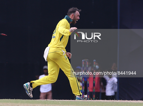 Australia's Glenn Maxwell celebrates after runouts Sri Lanka's Charith Asalanka  during the 5th One Day International match between Sri Lank...