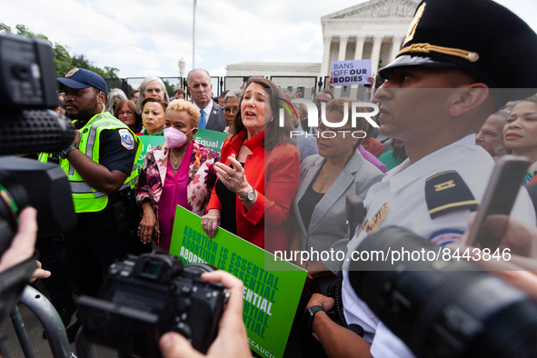 Congresswoman Diane DeGette (D-CO) speaks with reporters while surrounded by pro-choice Congresswomen at the Supreme Court, vowing to fight...