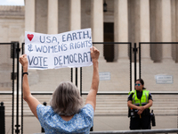 A pro-choice protester's sign carries a simple message: vote Democrat, at the Supreme Court after it issued its opinion on Dobbs v. JWHO.  T...