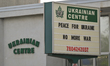 Peace for Ukraine and No More War messages on the board at the Ukrainian Center in Edmonto...