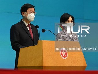 (Left) Chief Executive John Lee, (Right) Regina Ip, during a press conference on July 5, 2022 in Hong Kong, China. The New Term Hong Kong Go...