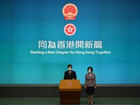 (Left) Chief Executive John Lee, (Right) Regina Ip, during a press conference on July 5, 2022 in Hong Kong, China. The New Term Hong Kong Go...