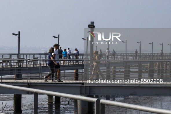 People are seen performing outdoor activities near the Herois do Mar promenade, in the vicinity of the Vasco da Gama bridge. Lisbon 03 July...