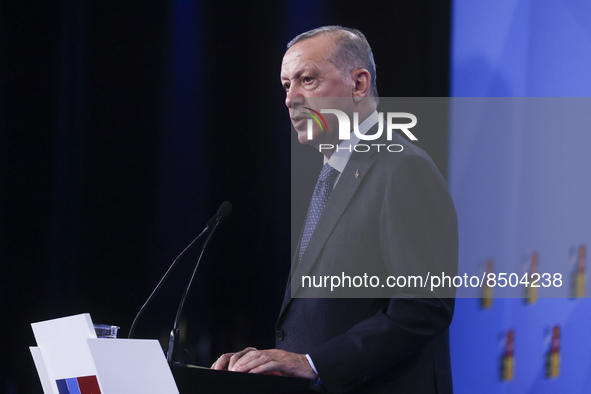 President of Turkey Recep Tayyip Erdogan is holding a press conference during NATO Summit at the IFEMA congress centre in Madrid, Spain on J...
